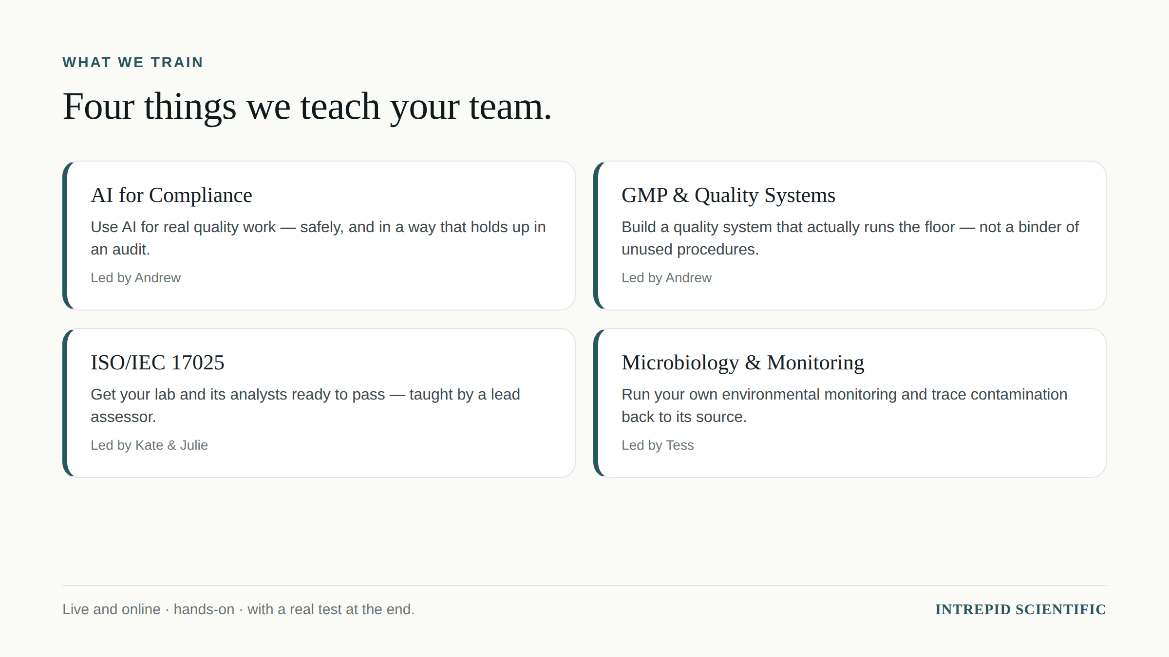 Four things we teach your team: AI for Compliance, GMP and Quality Systems, ISO/IEC 17025, and Microbiology and Monitoring — live and online, hands-on, with a real test at the end.